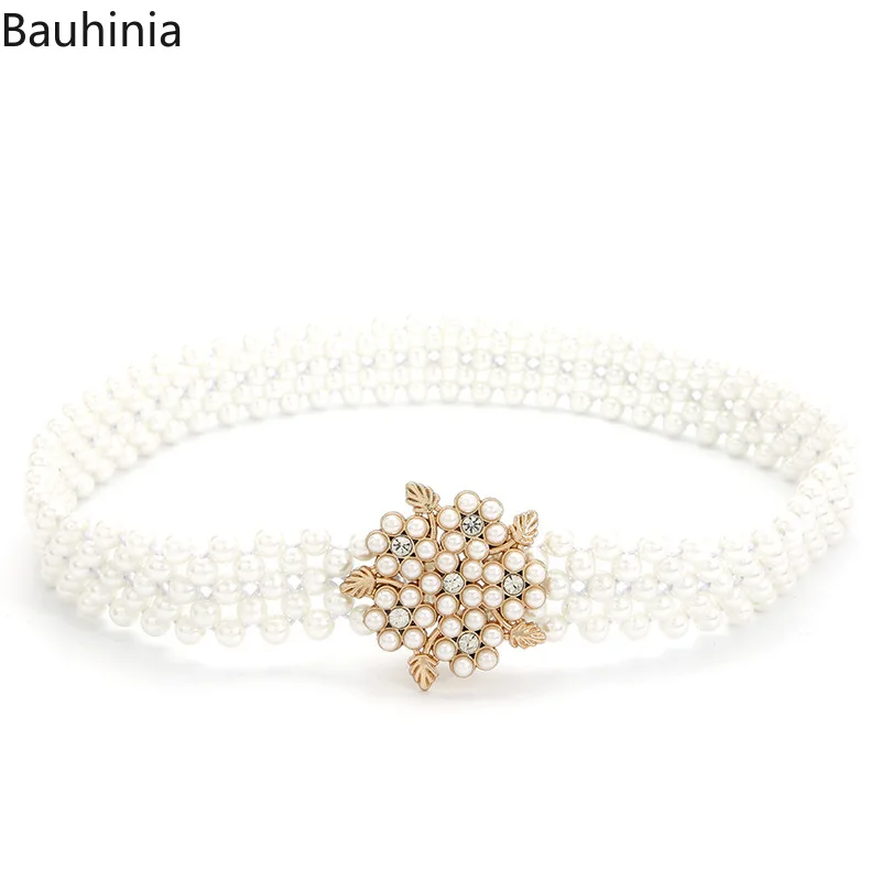 Bauhinia Summer New 69*3cm Fashion Casual Elastic Belt Pearl Decoration All-match Jumpsuit Thin Cummerbunds