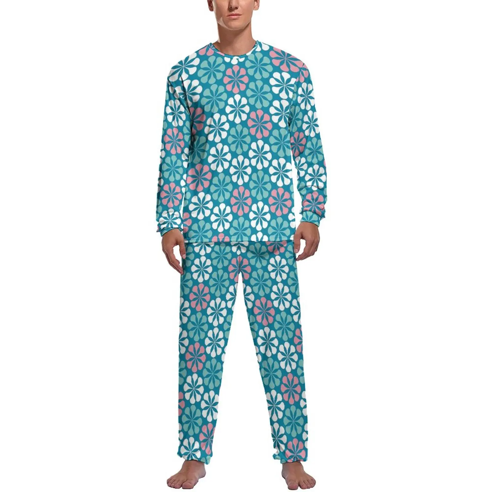 

Retro Mod Print Pajamas Daily Vintage Flower Casual Nightwear Men Two Piece Design Long Sleeve Kawaii Pajamas Set