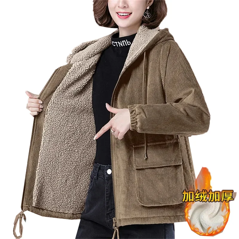 

2022 Winter Jacket Thick Corduroy Short Women's Autumn New Velvet Loose Korean Hooded Of Cotton-Padded Clothes Female Shirring