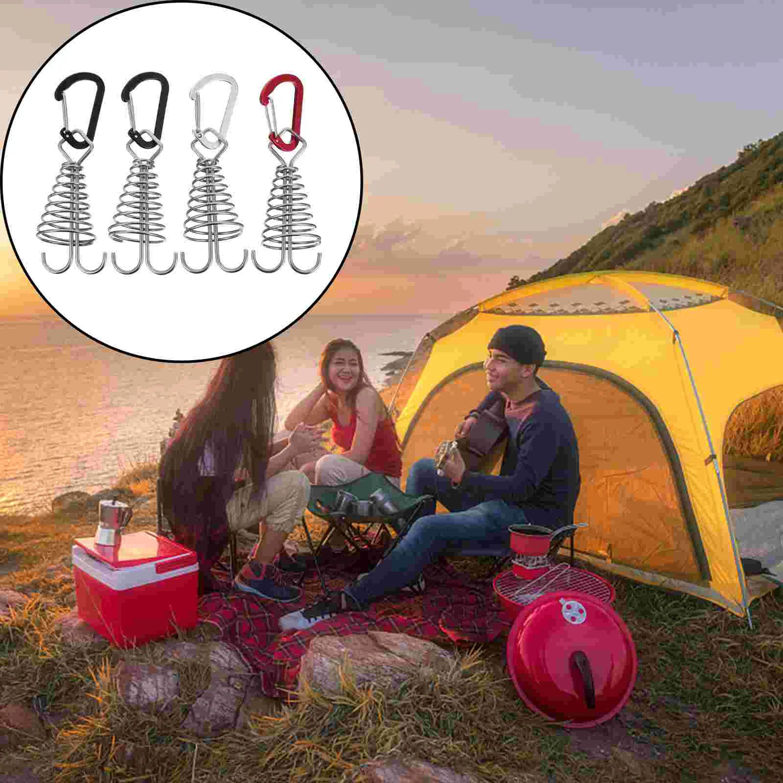 

4 Pcs Stainless Steel Carabiner Awnings Tent Stakes Pegs Deck Spring Peg Guyline Cord Adjuster Plank Board Tent Stakes
