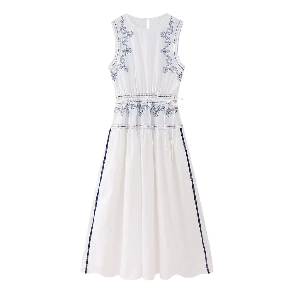 

Женское платье с вышивкой PB & ZA, винтажное платье миди без рукавов, с круглым вырезом и уникальной талией, лето 2023