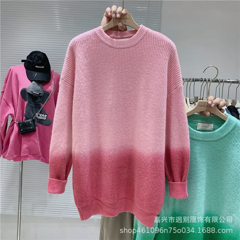 

Women Soft Sweater Gradient Bottoming Shirt Round Neck Long-Sleeved knitted Pullover Autumn Korean O Neck Loose Knitted Tops