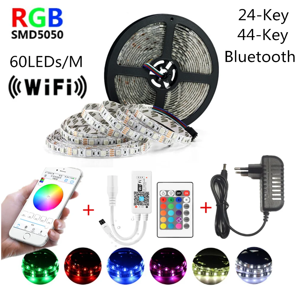 

Светодиодная лента RGB SMD 5050, гибкая лента, светодиодная Светильник та 5 м, 10 м, 15 м, Диодная лента постоянного тока 12 В с дистанционным управлением, ИК, Wi-Fi, 60 светодиодов/м