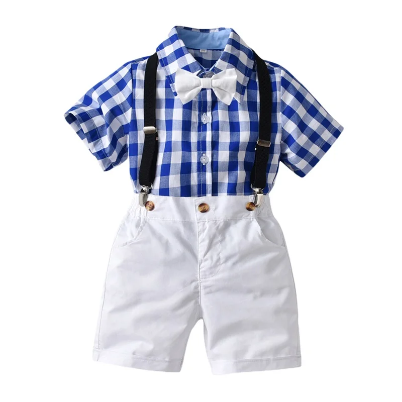 

Fashion Toddler Kid Boys Clothes Set Short Sleeve Lapel Plaid Shirt With Bowknot Tie Suspender Shorts Outfits Gentleman Suit