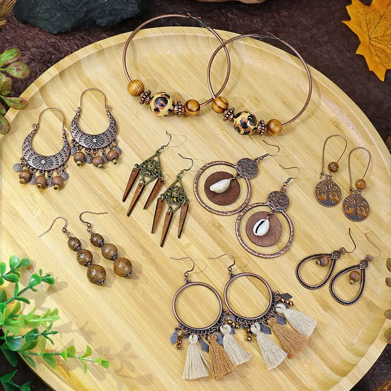 Этнические деревянные серьги для женщин большие круглые с богемной геометрией