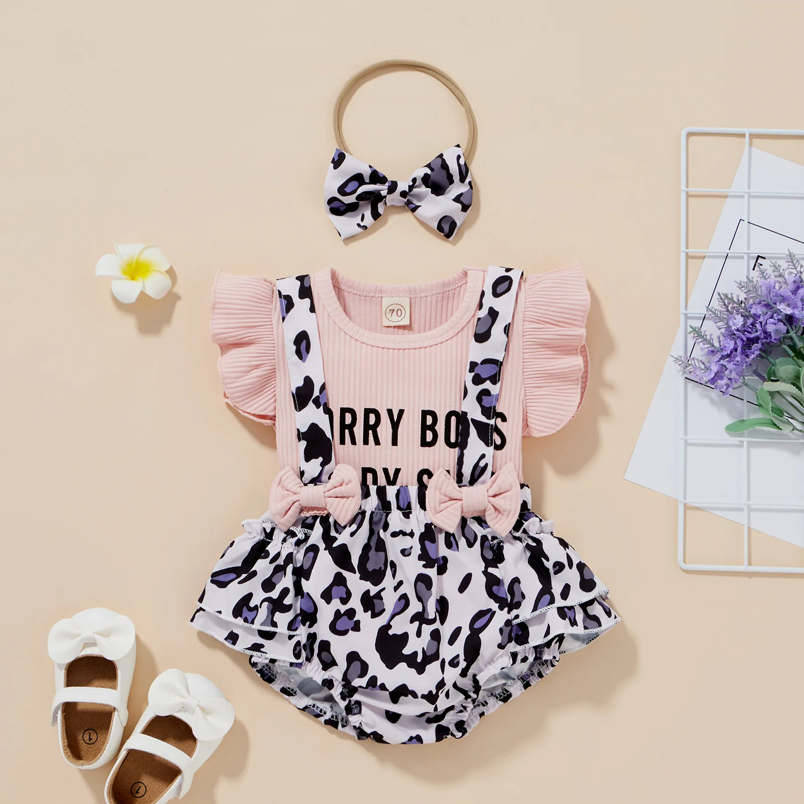 Summer Toddler Clothes Infant Baby Girls Leopard Strap+Flying Sleeve Letter Print Tops+Headband Neonatus Girl Baby Outfits 0-24M
