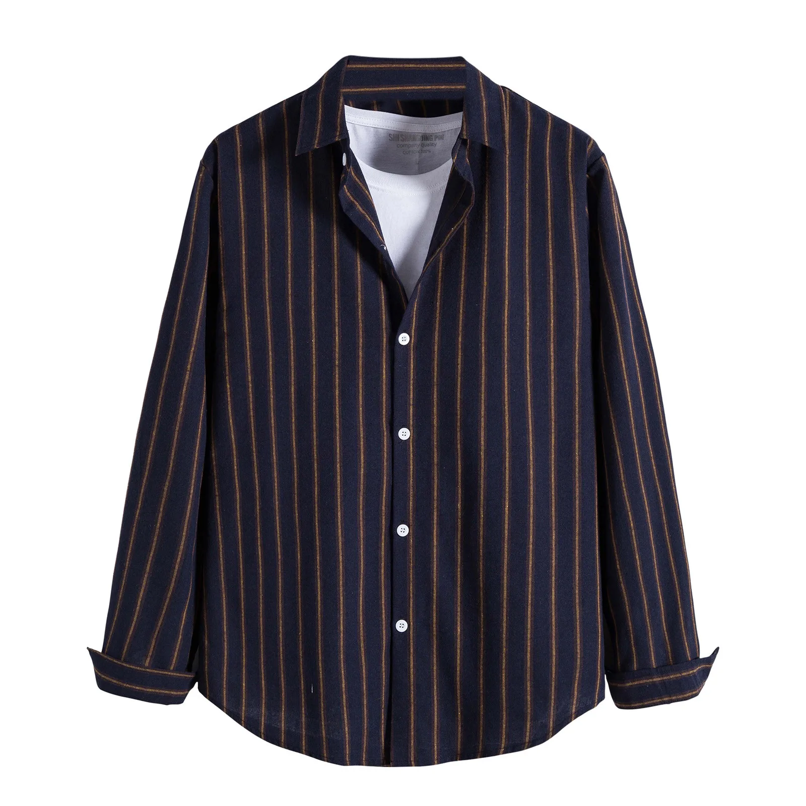 

Men Autumn Winter Stripe Print Turn-Down Collar Fashion Single Breasted Long Sleeve Classic Top Shirts