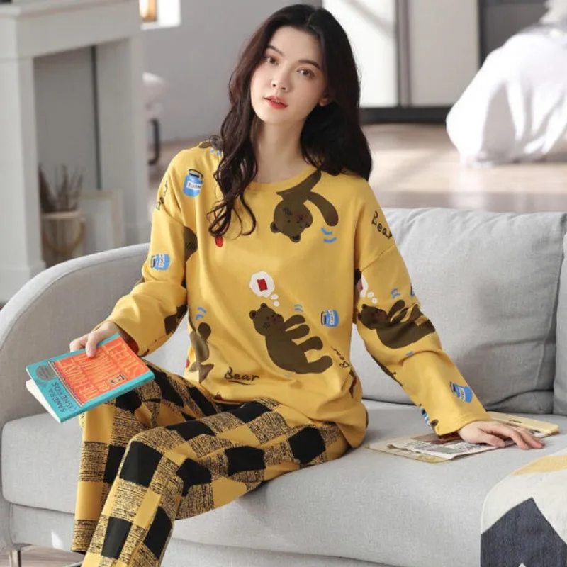 Pajamas Women's Spring Autumn Long Sleeve Loose Sleepwear Pants Cartoon 2 Piece Korean Casual Thin Cute Pijamas Home Clothes Set