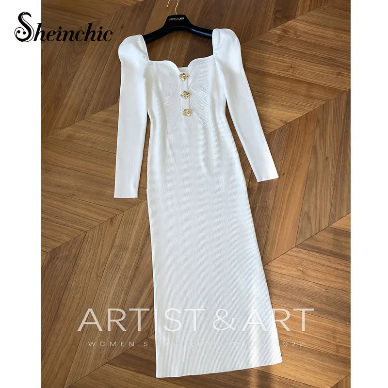 

Korean Fashion Elegant White Knit Maxi Dresses for Women 2022 Autumn Winter Runway Designers Long Sleeve Sweater Dress Vestidos