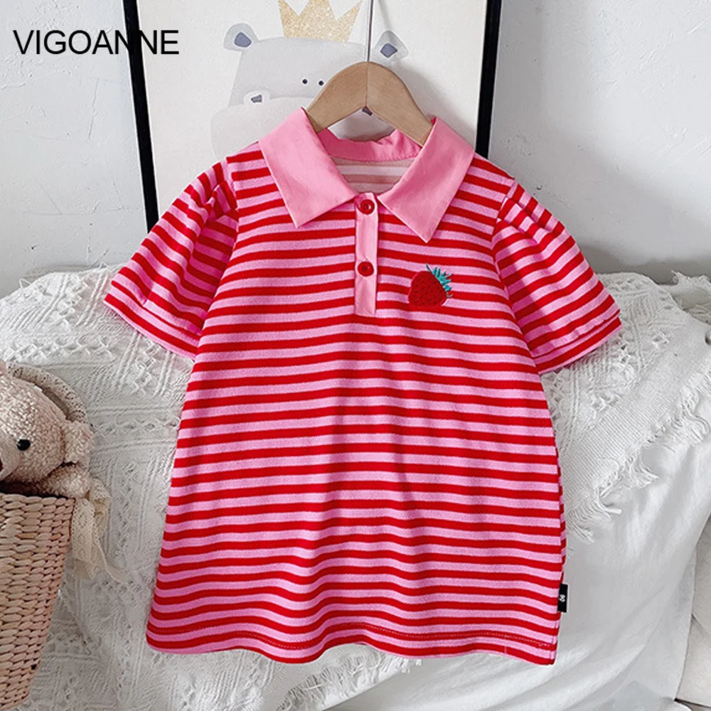 

VigoAnne, платья для девочек с коротким рукавом и мультипликационным принтом 2022, платье с полосатым принтом и неравномерным вырезом, детская од...