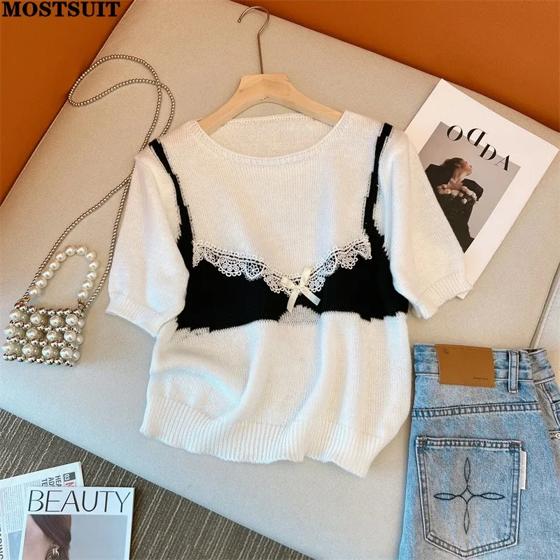 

2023 Summer Stylish Fashion Knit Tshirt Sweater Women Color-blocked Lace Bowtie Tees Tops Short Sleeve O-neck Chic Ladies Jumper