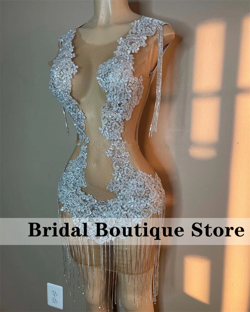 

Sexy Lace Short Prom Dresses 2022 For Black Girls Sheer Neck Tassels Beading Birthday Cocktail Party Gowns Luxury Robe De Bal