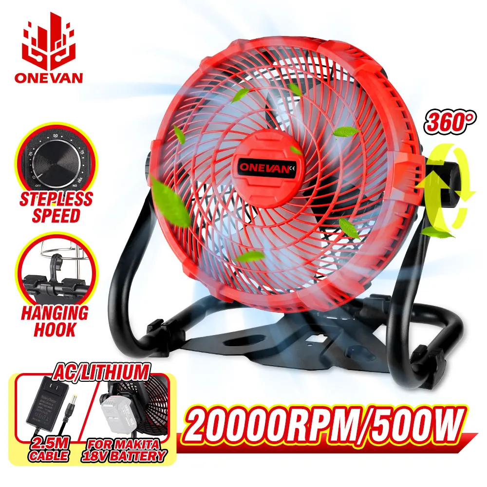 ONEVAN 500W 20000RPM Strong Wind Cordless Fan Multifunction Big Fan For Home Outdoor Wroking Camping For Makita 18V Battery