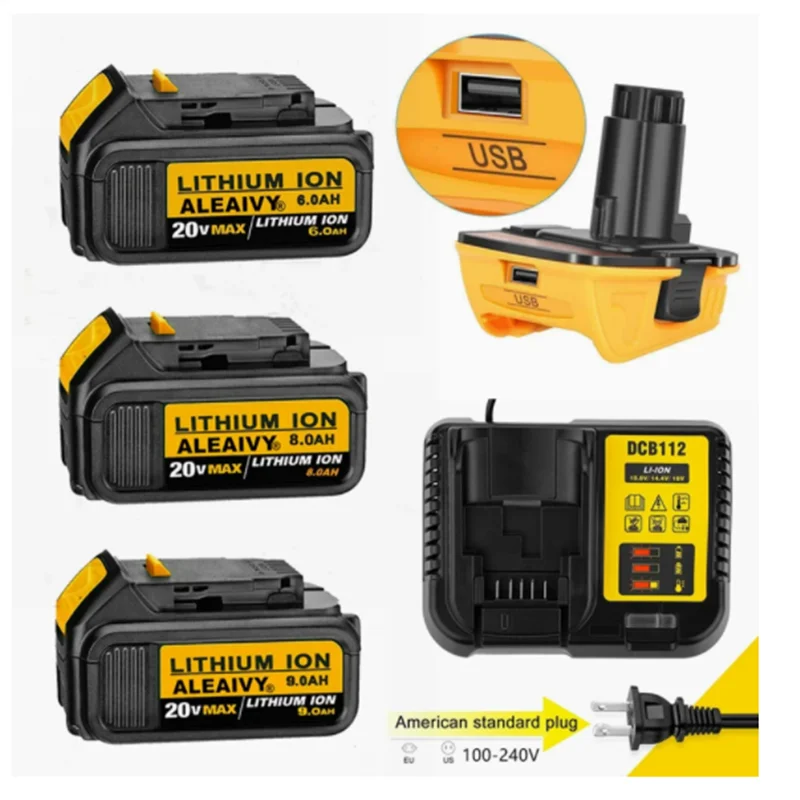 

Сменный литий-ионный аккумулятор 18 в 9,0 Ач DCB200 для электроинструмента DeWalt 18 В/20vmax XR, литиевые батареи с зарядным устройством и адаптером