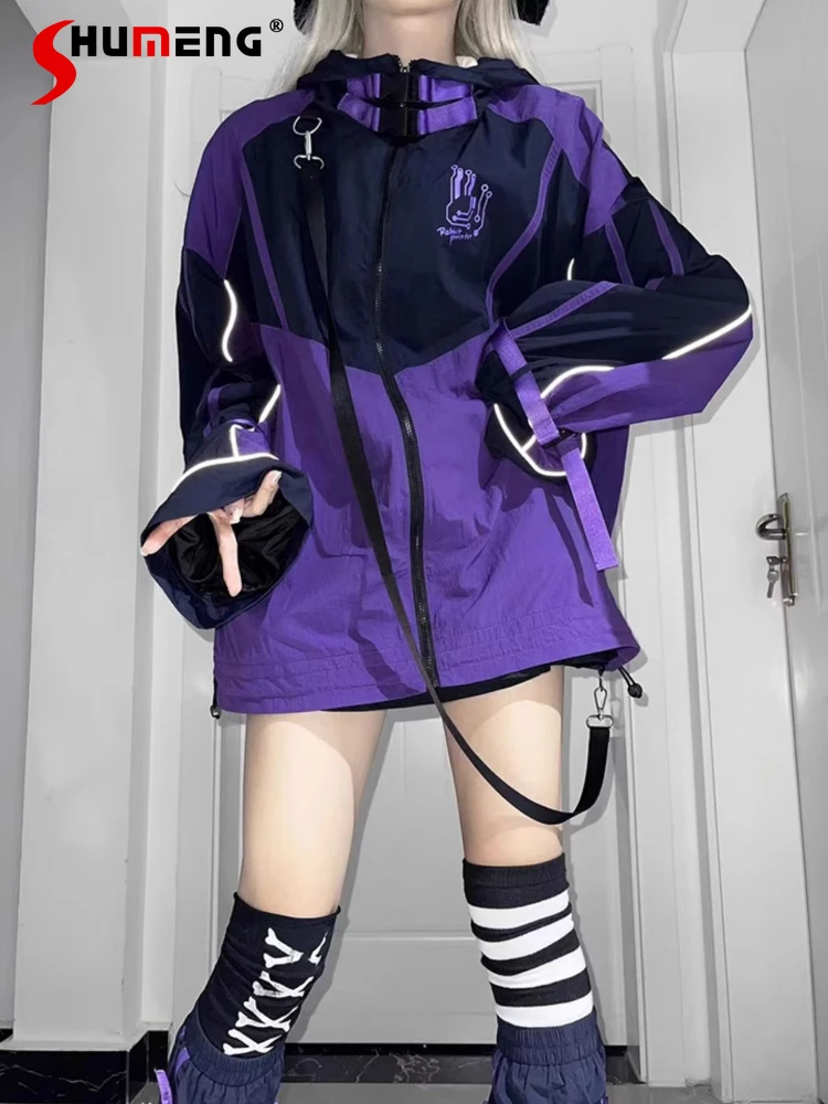 

Y2K Japanese Sweet Cool Purple Gore-Tex Jacket Female 2023 Autumn New Mine Women's Loose Slimming Zipper Hooded Cardigan Coat