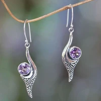 vintage personalized hand carved pattern earring hook simple metal inlaid purple zircon drop earring jewelry