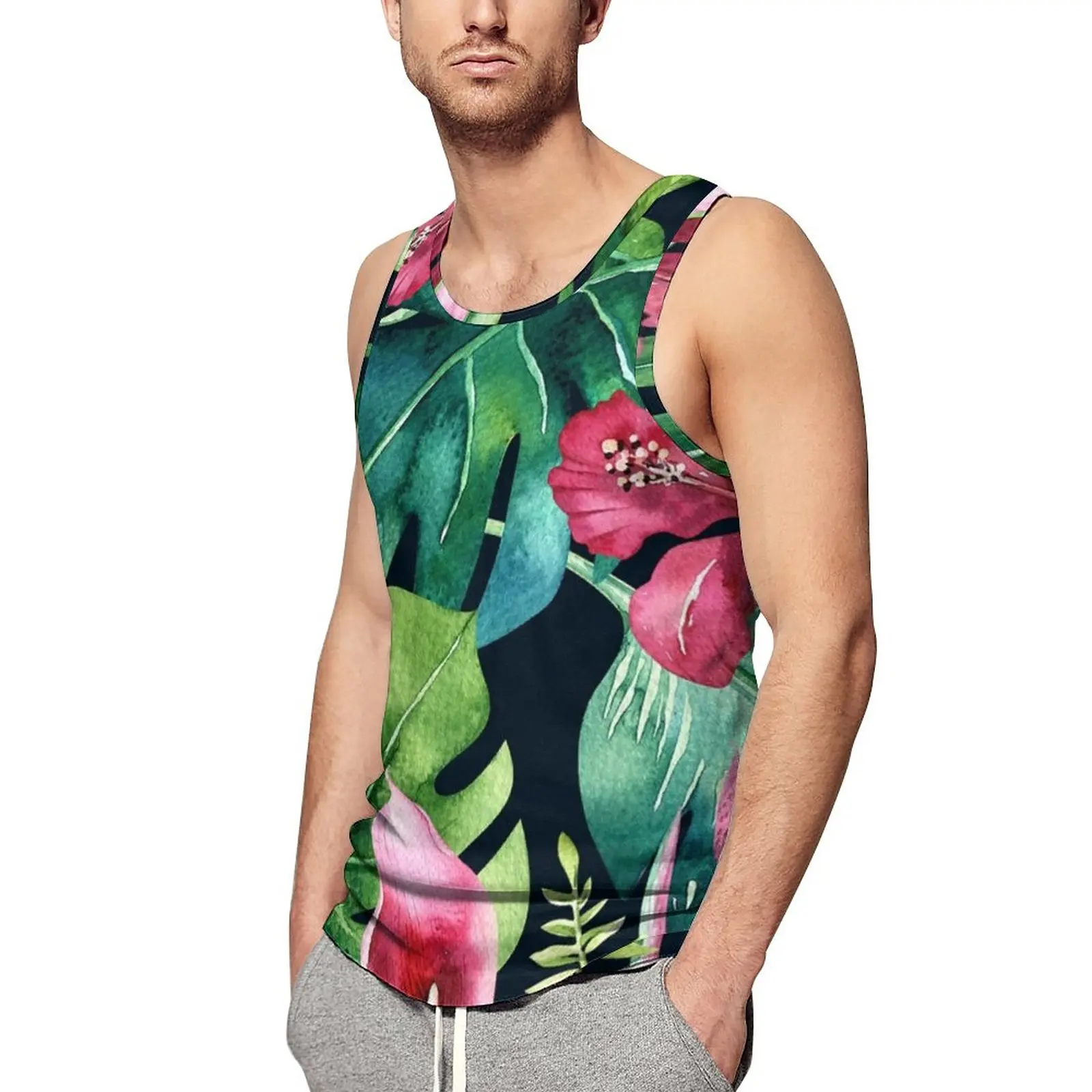 

Dark Tropical Tank Top Man's Hibiscus Leaves Print Streetwear Tops Summer Workout Graphic Sleeveless Vests Plus Size 4XL 5XL