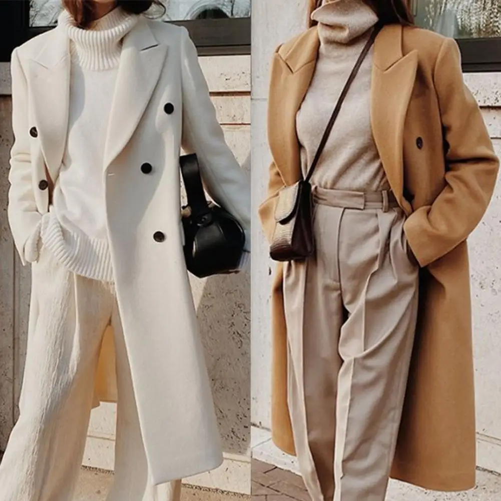 

Wear Resistant Simple Women Casual Long Suit Jacket Soft Fabric Woolen Suit Coat Flap Pockets for Date