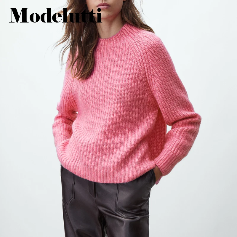

Modelutti 2022 New Spring Autumn Fashion Knit Solid Color Round Neck Puffy Sleeves Sweater Simple Casual Temperament Top Women