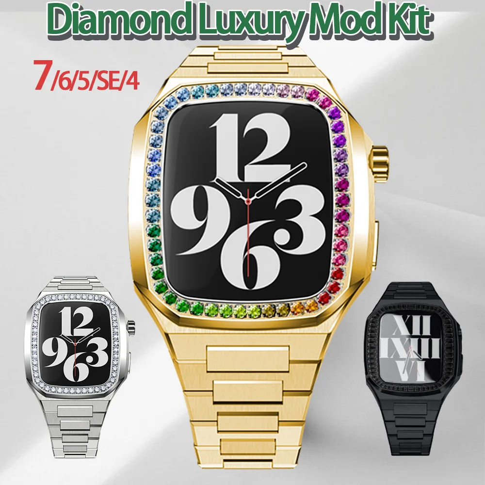 Diamond Modification Kit for Apple Watch 7 45mm Stainless Steel Case for Series Iwatch 6 5 4 SE 44MM Leather Band Luxury Frame