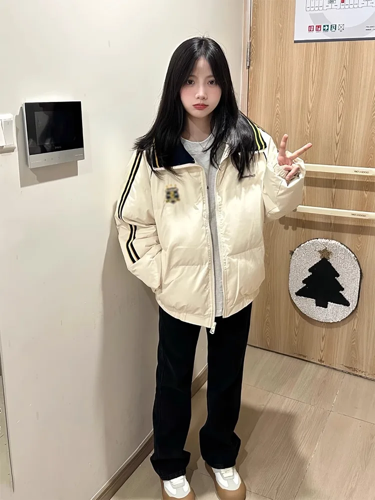 Ins Повседневное утолщенное пуховое пальто в американскую полоску Верхняя одежда