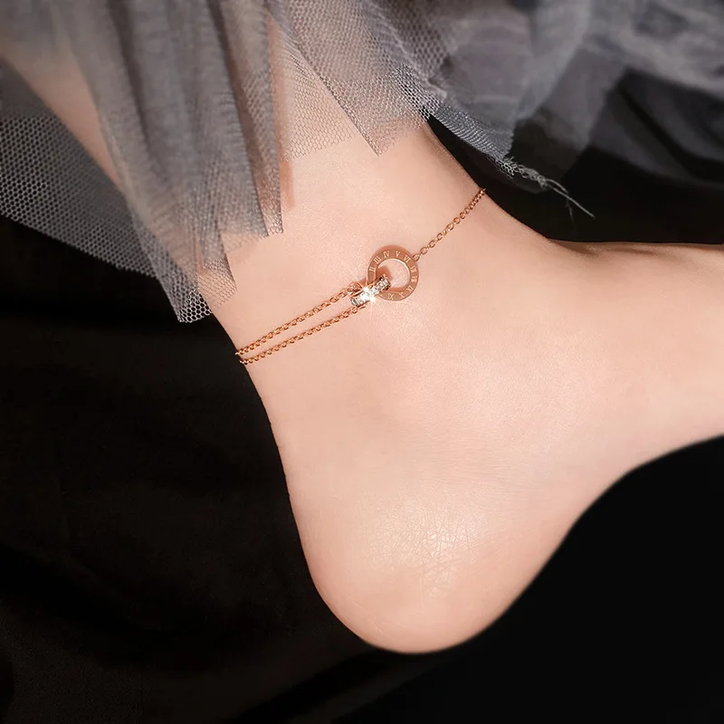 

Double Ring Circle Roman Numeral Anklet 18k Rose Gold Fashion Ladies Anklet Sexy Foot Chain Leg Jewelry for Women Beach Party