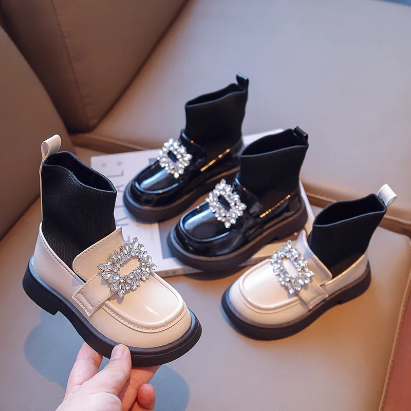 Bottes mode enfant 2022 printemps et automne nouvelle fille strass princesse carré strass boucle