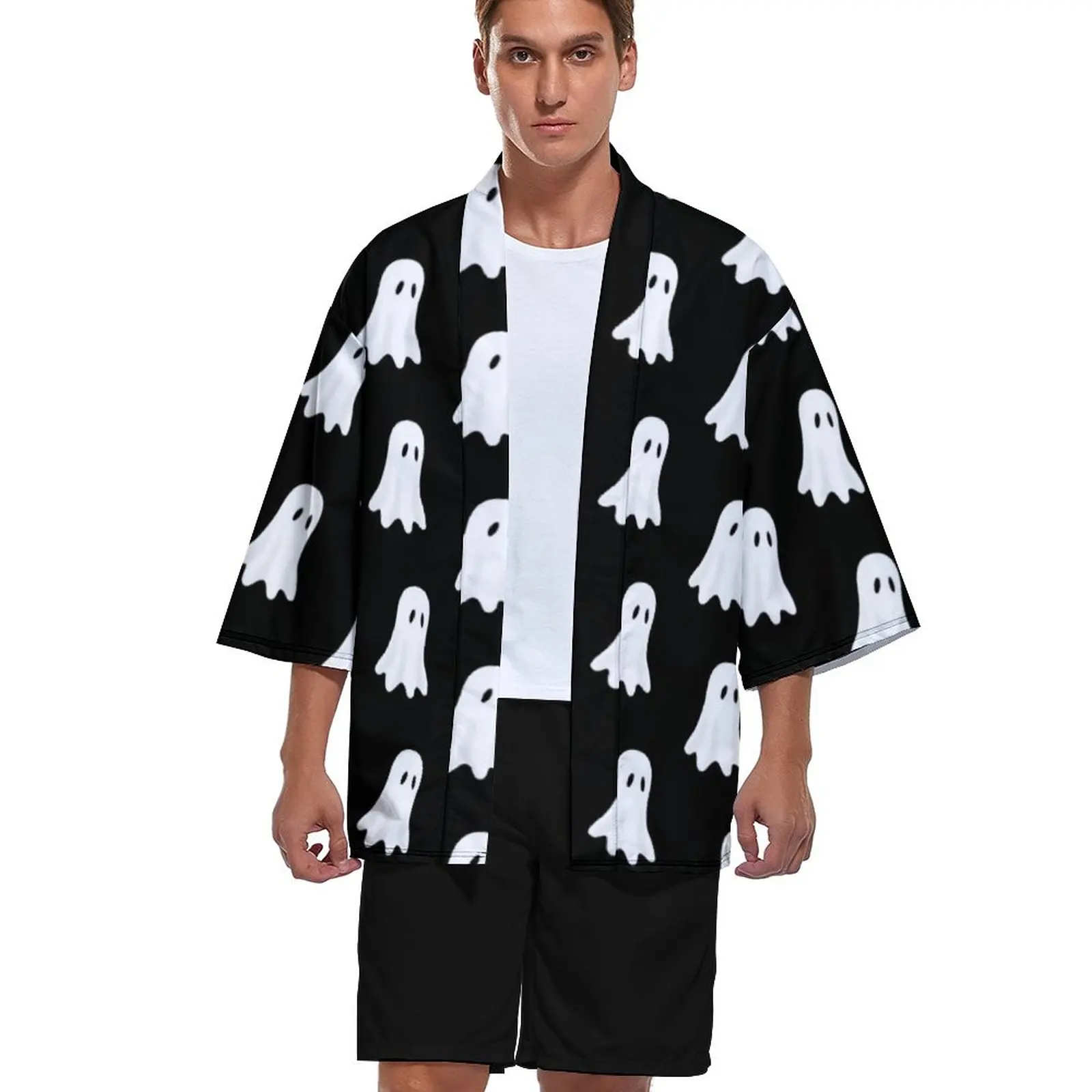 

Кимоно с забавным принтом на Хэллоуин, кардиган, белая рубашка с изображением призраков, японская рубашка, мужские рубашки с узором