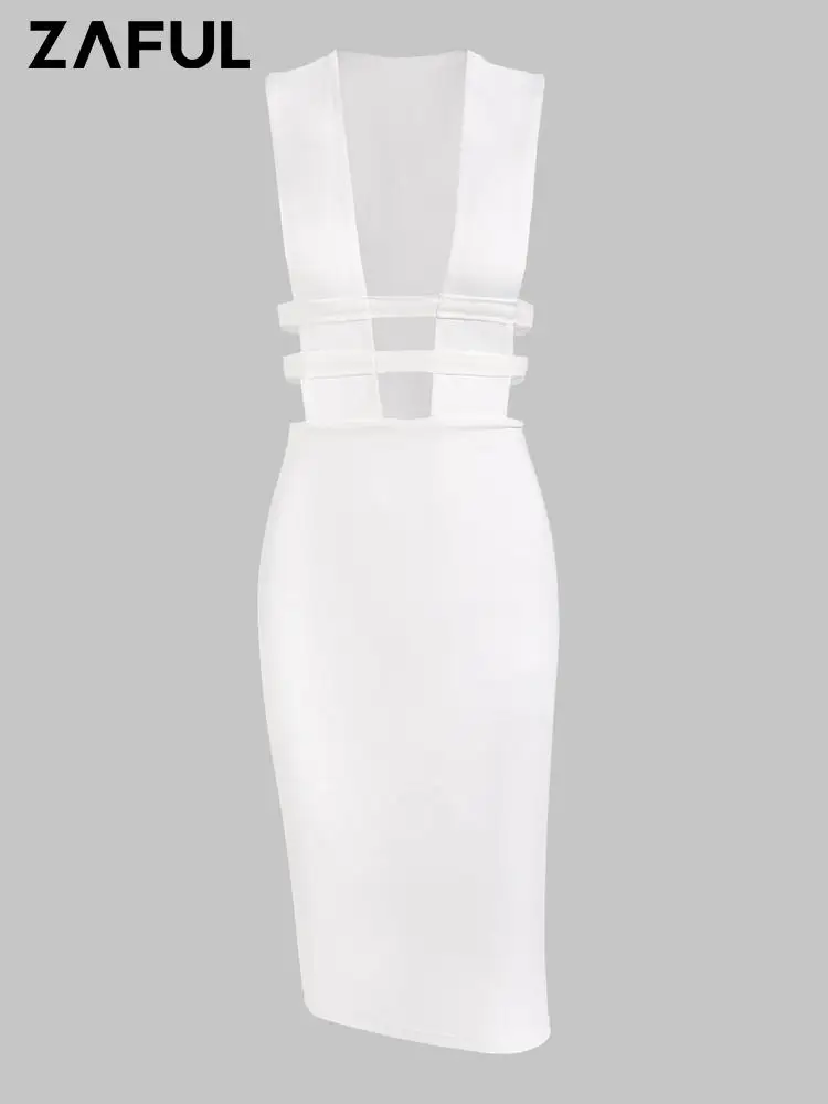 

ZAFUL Midi Pencil Dress For Women Bodycon Plunging Lattice Solid Color Sleeveless Cut Out Sexy Party Club Wedding Dresses