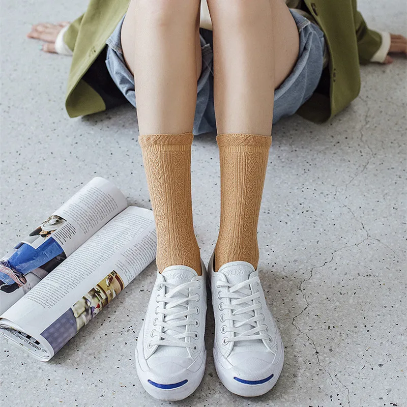 Однотонные женские хлопковые термоноски с рюшами и свободные длинные носки в