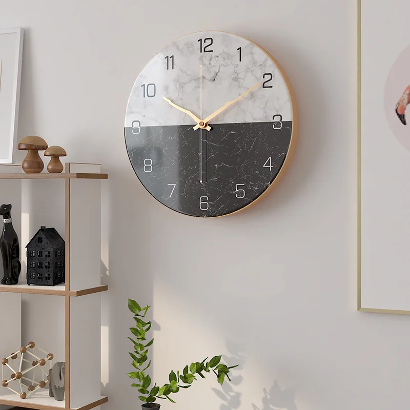 

Nordic Fashion Clock Wall Home Decor Marble Texture Metal Living Room Round 12inch Watch Reloj De Pared Home Silent Wall Clocks