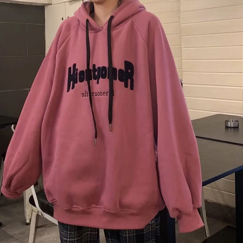 

Letter Oversize Hoodies Women Embroidery Fleece Long Sleeve Hooded Sweatshirts Winter Y2K Clothes Kpop Korean Fashion Pullovers
