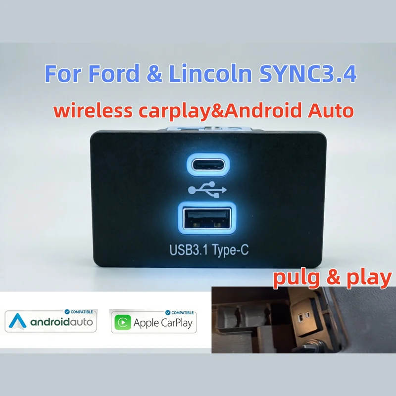 Фото Беспроводной USB-хаб Carplay для Ford & Lincoln MKZ F150 Mustang Ranger Transit Bronco Mondeo Kuga Escape C-Max Sync3.4 Android Auto №5