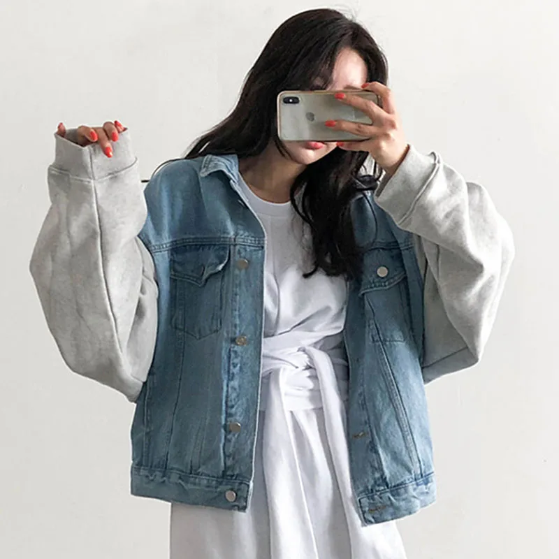 

Denim sweater stitching women oversized Jacket 2022 spring autumn new fashion casual female woman clothing dropshipping korean