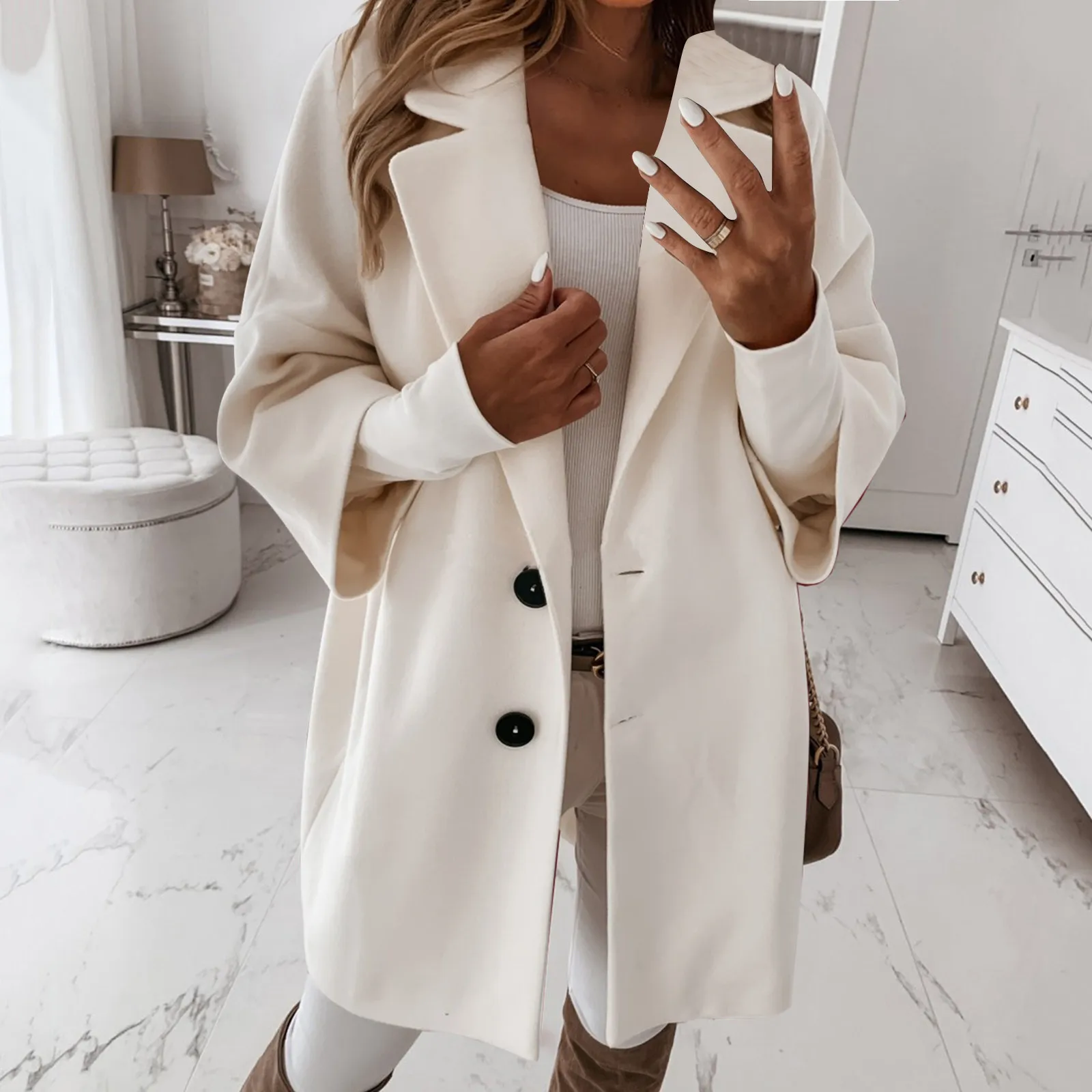

Womens 3/4 Sleeve Notched Lapel Collar Double Breasted Coat Winter Wool And Leopard Jacket Women's Fleece Tops Full Zip Jacket