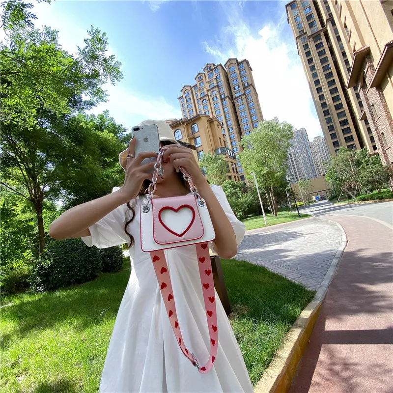 New Girls' Bag Love Adjustable Wide Shoulder Strap Crossbody Shoulder Bag Net Red Qing New Girls' Handheld Small Square Bag