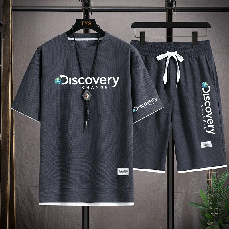

Discovery Summer Men's Two Piece Set Linen Fabric Casual T-Shirt and Shorts Set Mens Sports Suit Fashion Short Sleeve Tracksuit