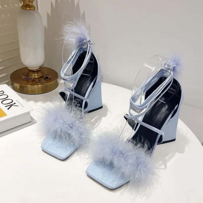 2022Fashion Square fluffy Shoes Sexy cross strap sandals women's triangle thick heels blue/white high heels leather sandals35-42
