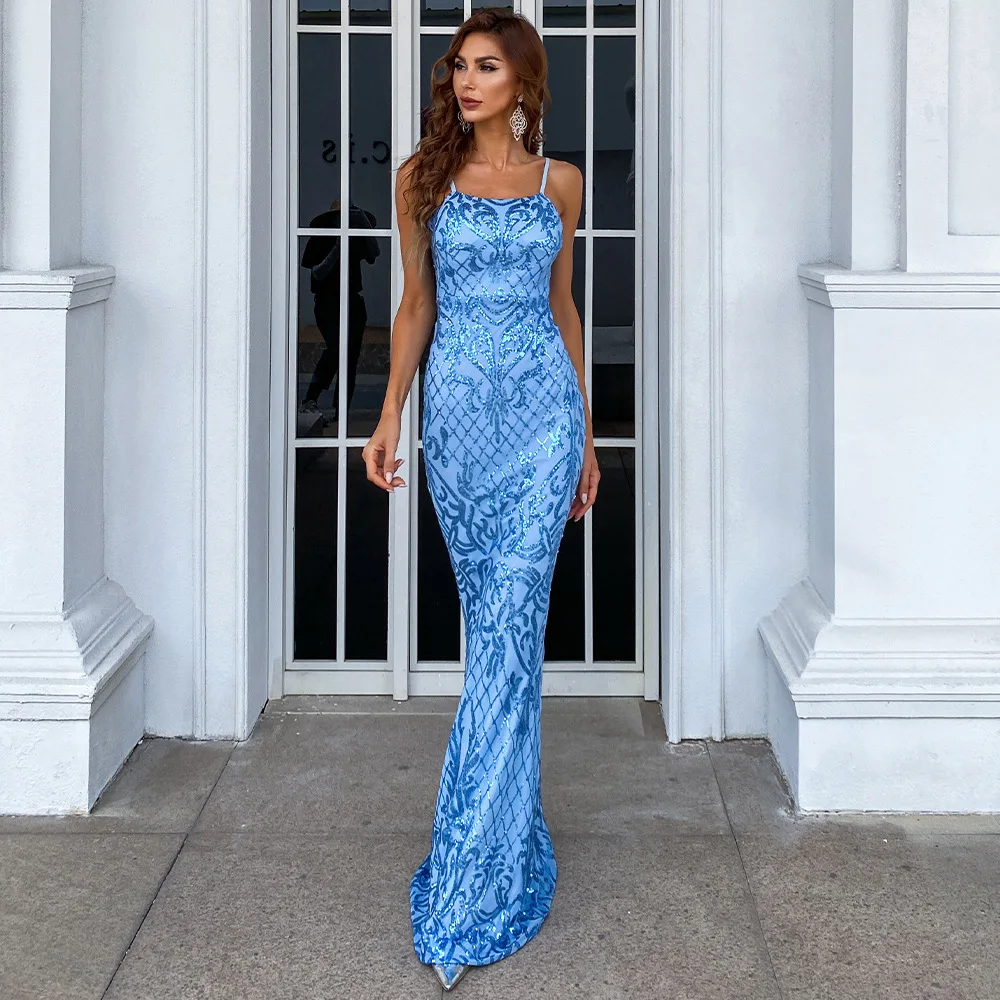 Romans 2022 Blue Sequin Evening Dress Spaghetti Strap Mermaid Party Dress Sexy Long Dress For Girl Women Party Dress
