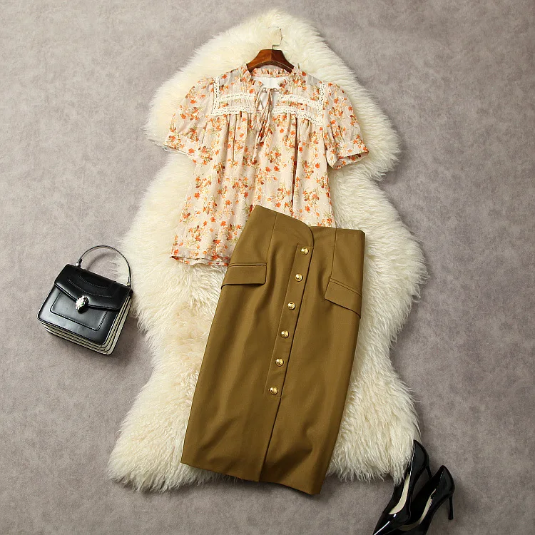 

Женская одежда в европейском и американском стиле, Новинка лета 2023, рубашка с принтом и коротким рукавом, юбка с воротником-стойкой на пуговицах, модный костюм