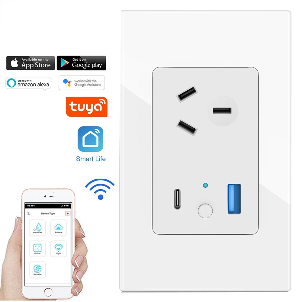 

Wi-Fi Tuya Smart Life австралийская электрическая настенная розетка USB 4.8A Type C PD 30 Вт для Iphone AU, штепсельная розетка, стеклянная панель Alexa Google Home