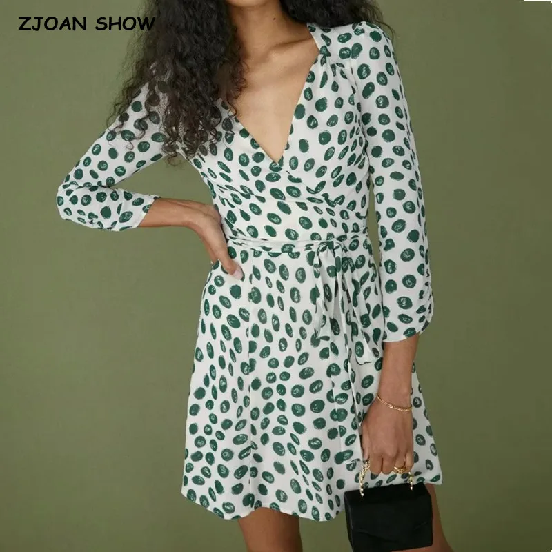 

Женское мини-платье с запахом, праздничное облегающее платье в зеленый горошек с леопардовым принтом, V-образным вырезом, длинным рукавом и ...