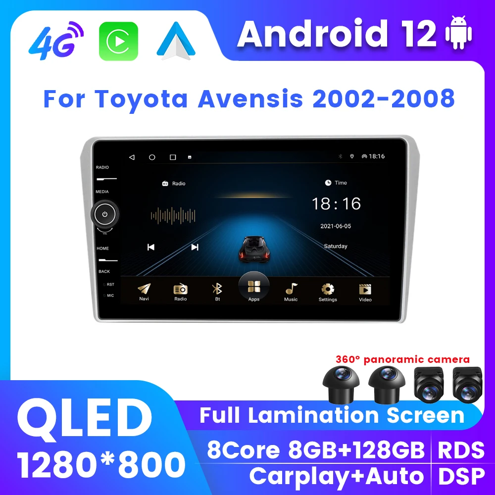 QLED DSP Android 12 для авто Carplay Toyota Avensis T25 2 II 2002-2008 автомобильный радиоприемник