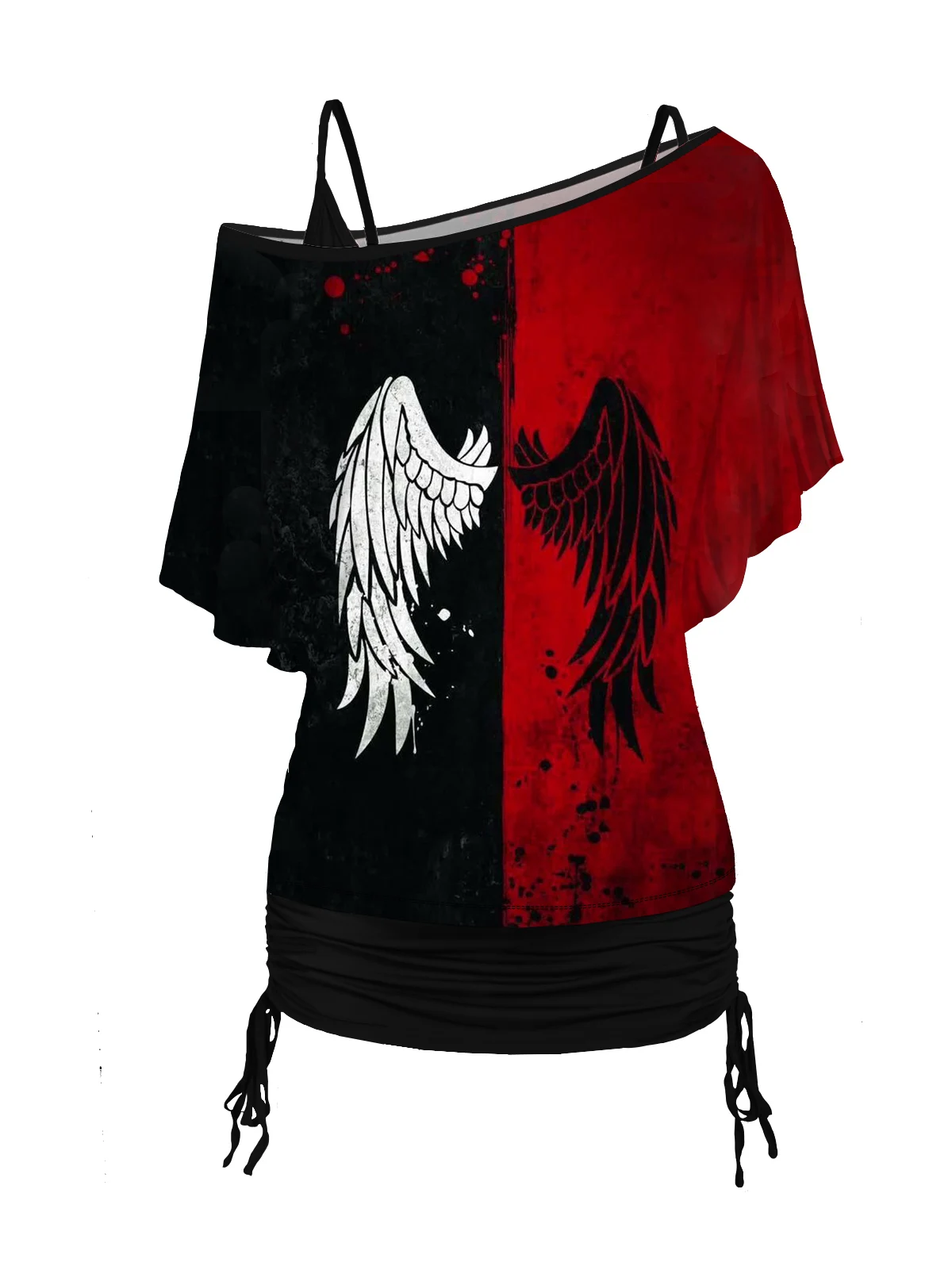 

Dressfo Half Sleeve Gothic T Shirts Wing Print Skew Neck T Shirt and Cinched Ruched Long Camisole Set Oblique Shoulder Women Tee