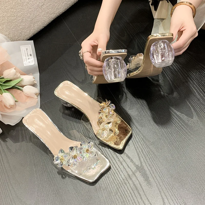 

Shoes Low Glitter Slides Slippers Heels Slipers Women Fashion Flower Jelly High Transparent Summer 2023 Luxury Basic PU Rubber R