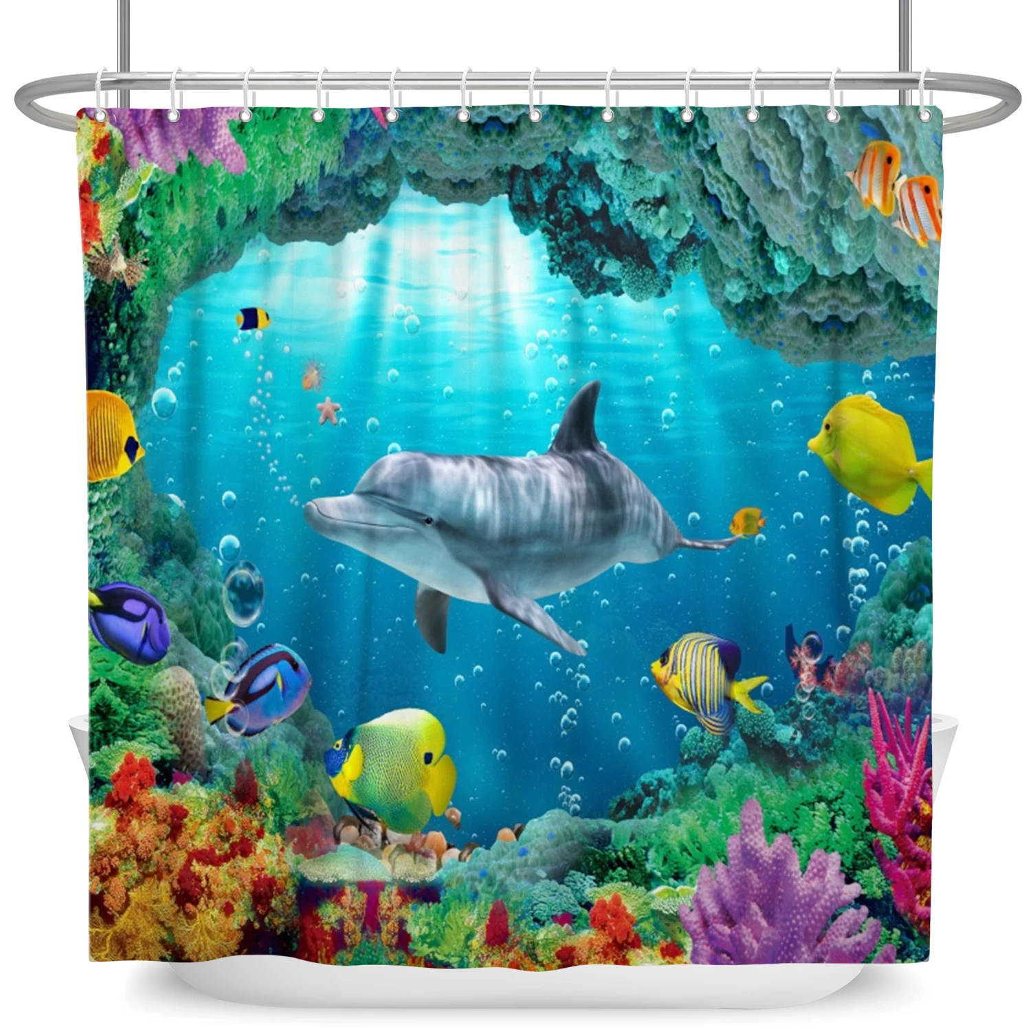 

Underwater World Bathroom Shower Curtain Sea Turtle Dolphin Ocean Creature Landscape Shower Curtains Bathroom Waterproof Curtain