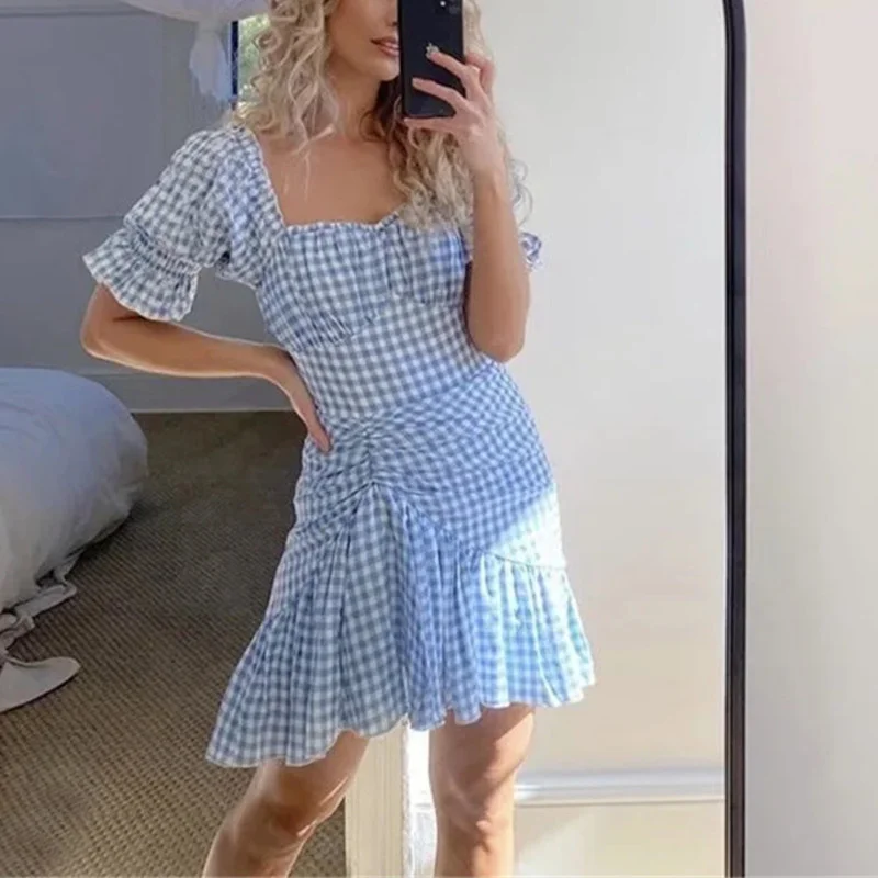 

Женское винтажное мини-платье в клетку, голубое облегающее платье в стиле бохо, с принтом и рюшами, лето 2022