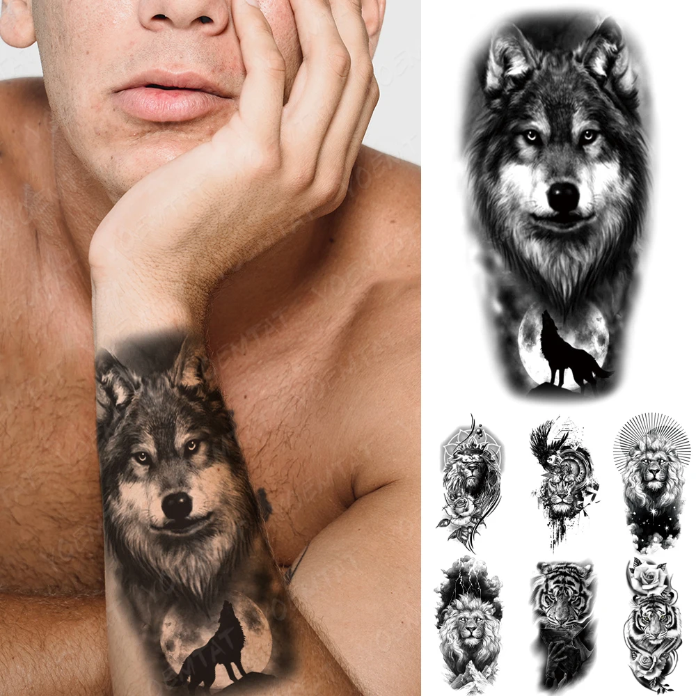 

Водостойкие Временные татуировки-наклейки из древесины, волк, Луна, Лев, тигр, Сова, искусственная Роза, часы, боди-арт, искусственные татуир...