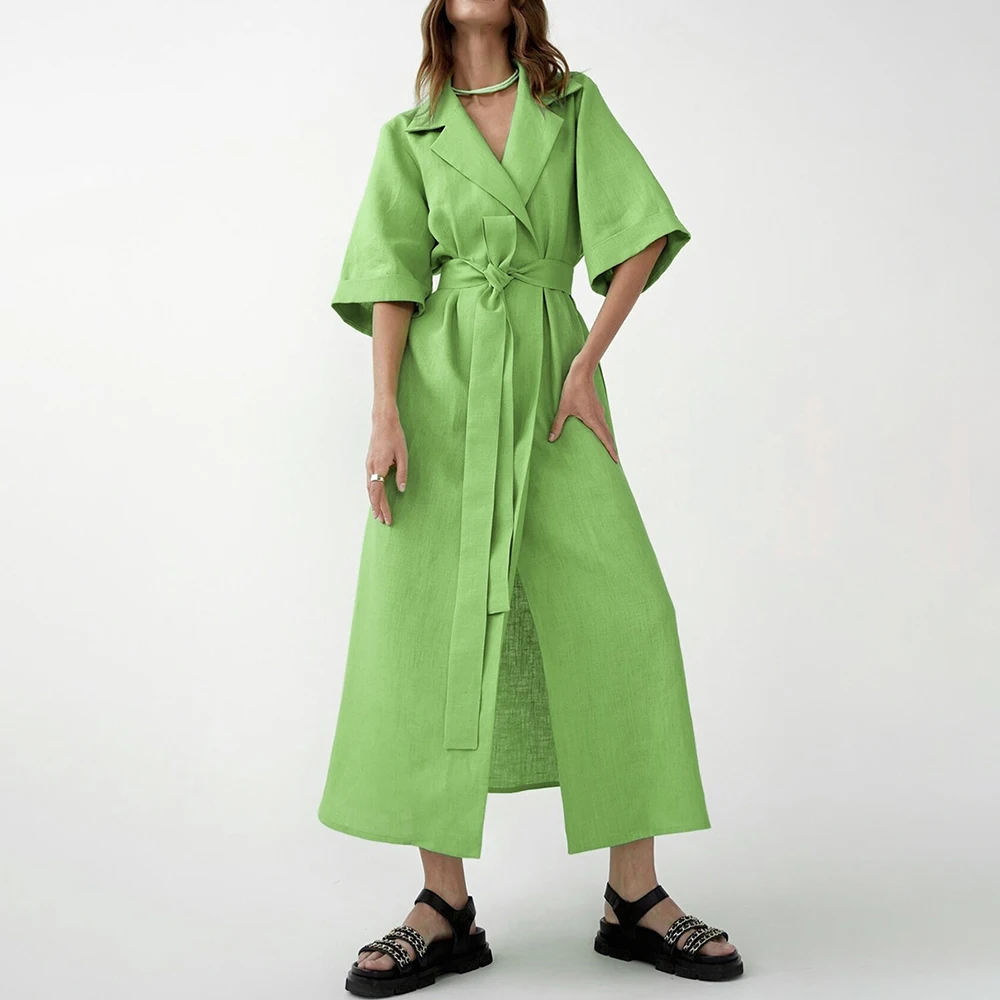 

Cotton Linen Long Wrap Summer Dresses Woman Belt Lace Up Notched Office Women Dress A-Line Elegant Split Dress Robe Femme