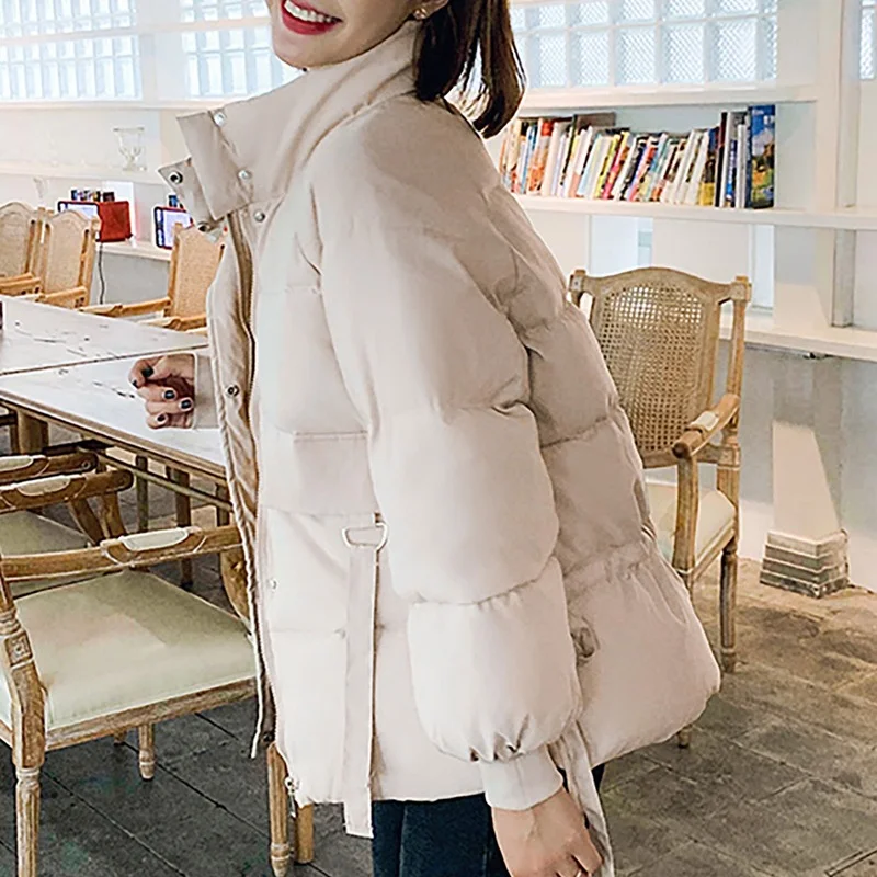 Women Winter Stand Collar Cotton Coats Pocket Zipper Button Overcoat Warm Thick Bread Jacket Solid Color Long-Sleeve Outerwear